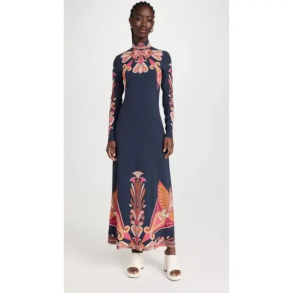 LA DOUBLEJ Navy Paisley Gold Pendant High Neck A-Line Halle Dress Size XS - Picture 6 of 16